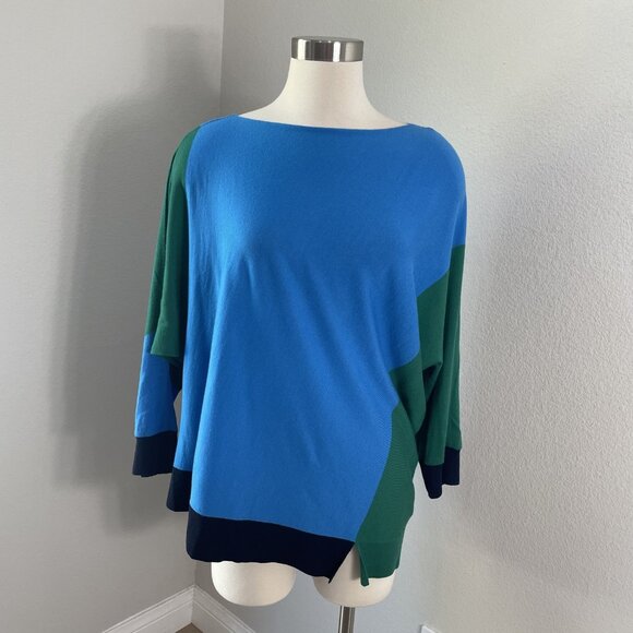 St John Sweater Womens Large Blue Green Wool Colorblock Pullover Relaxed Fit - Picture 1 of 10